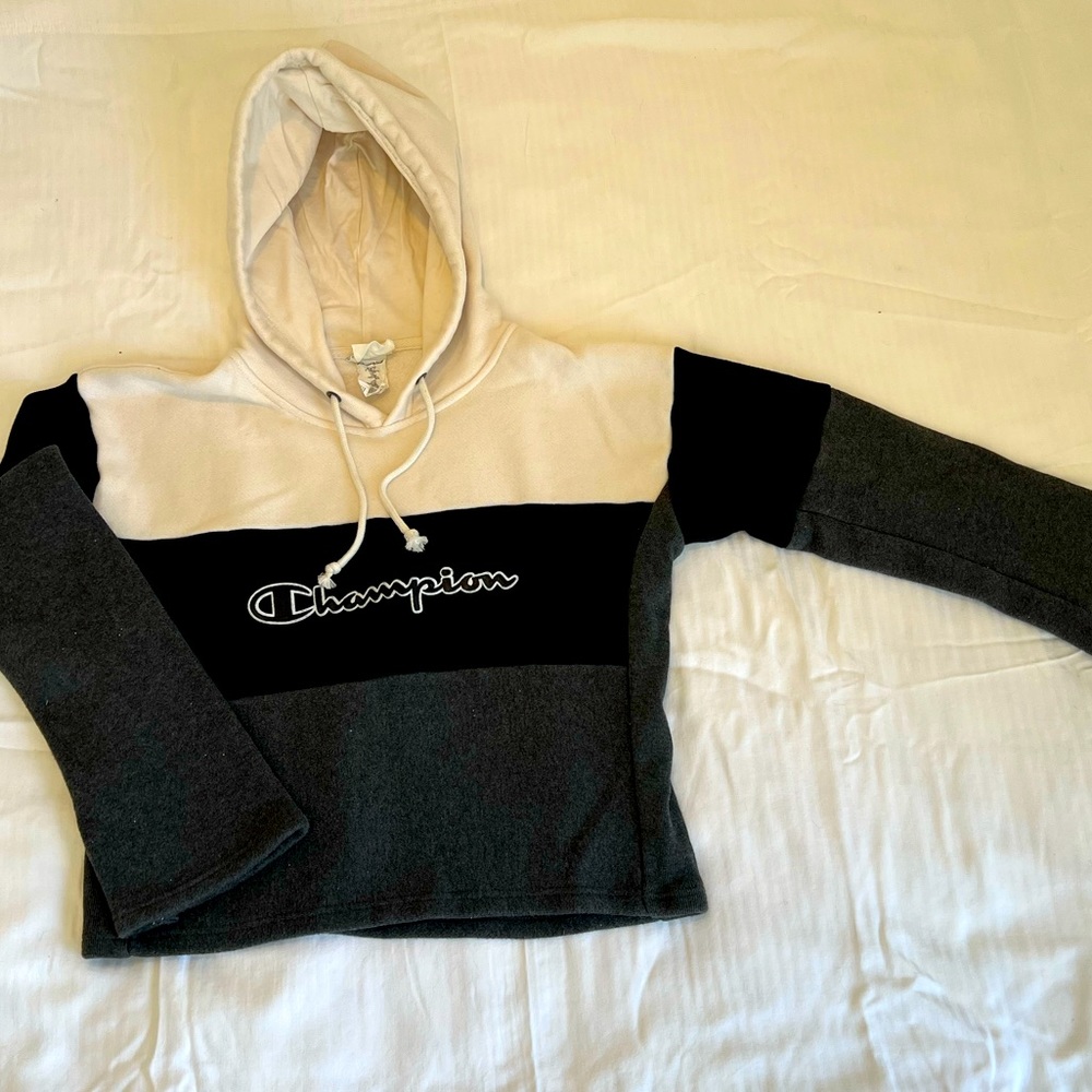 Champion Cropped Hoodie Cream/Black/Gray Size S